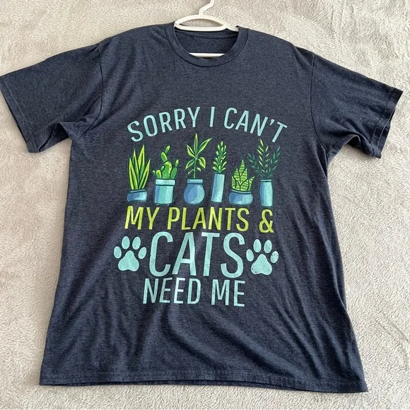 T-Shirt Women’s Medium Sorry I Can't My Plants & Cats Need Me Graphic Print Blue - Picture 1 of 5
